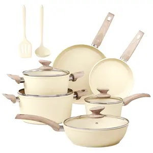 [Beige] Kitchen Academy Granite Pots and Pans Set Non Stick 12 Piece Cast Induction Cookware Set Beige Nonstick Kitchen Cooking Set w Frying Pans Saucepans