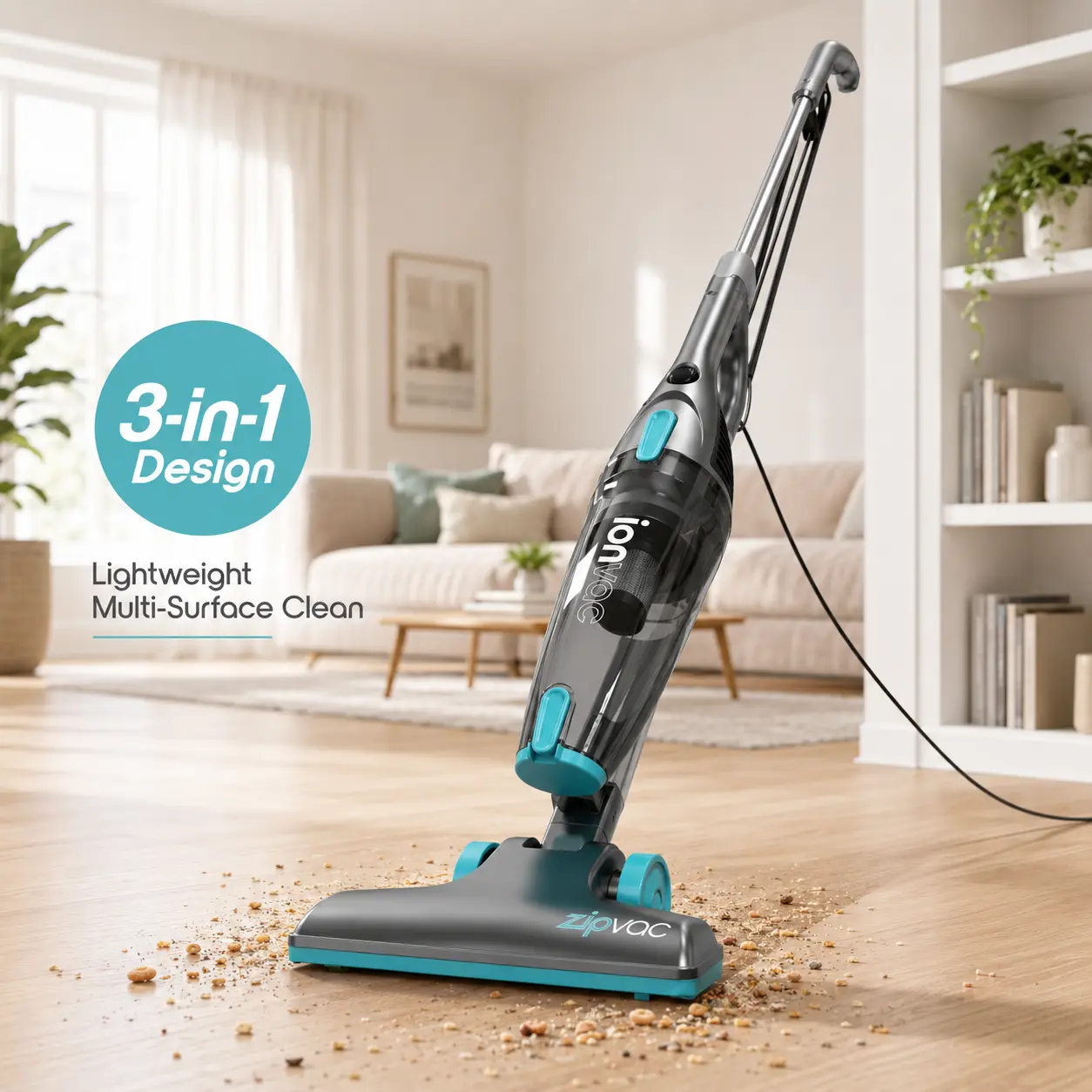 Ionvac ZipVac 3-in-1 Corded Upright & Handheld Stick Vacuum Cleaner with HEPA Filter 12kPa Powerful Suction & 20ft Power Cord