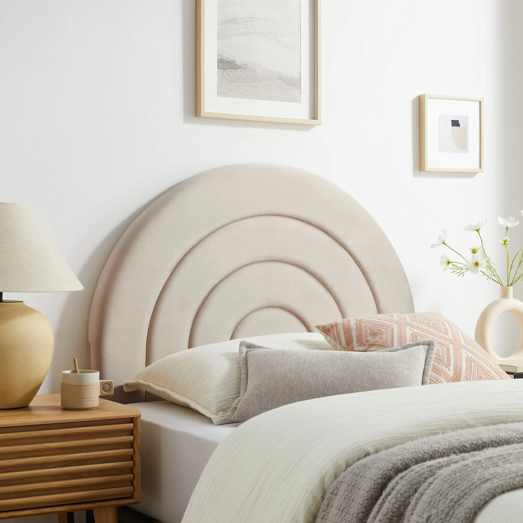 Solana Arched Performance Velvet Twin Headboard - Almond, Luxury Design, Round Accent, Ideal for Bedroom & Dorm Indoor Furniture, Upholstered