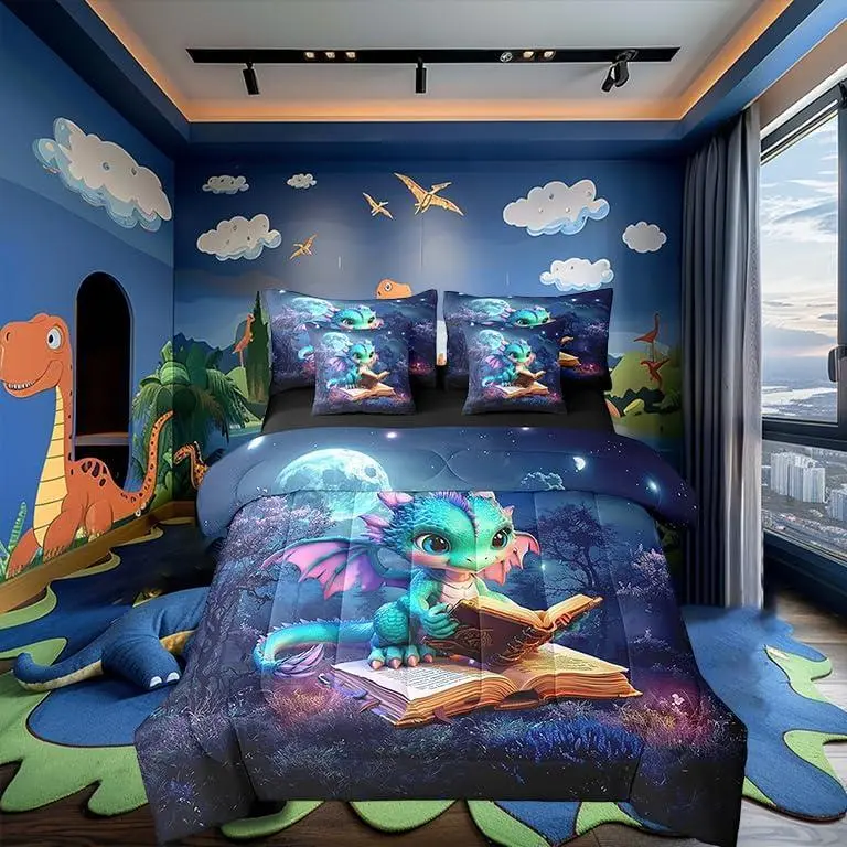 King Size Cartoon Dragon Bed-in-a-Bag Bedding Set - Fade Resistant, Machine Washable, Mysterious Jungle Moon Night Comforter with Sheets, Kids Bedroom Decor for Bedding Sets Collections, Playroom, RV, Guest Room