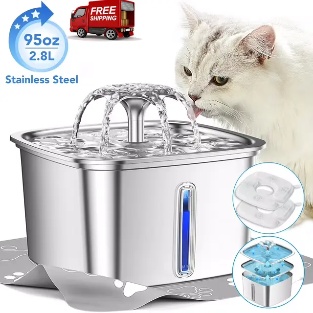 95oz/2.8L Stainless Steel Cat Water Fountain with Replacement Filters & Silicone Mat, Automatic Water Dispenser for Cats and Dogs, Electric Drinking Bowl Suitable for Multiple Pets, Silver