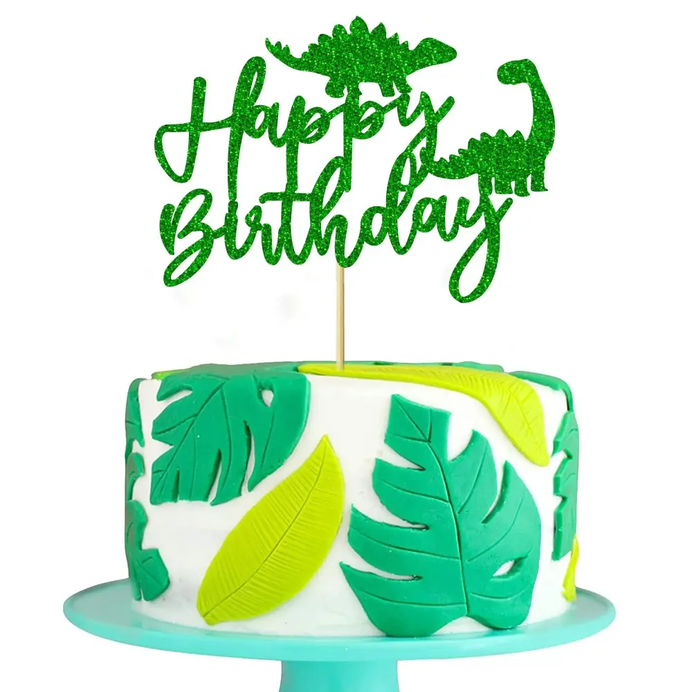 1 Pack Dinosaur Happy Birthday Cake Topper Glitter Bamboo Dinosaur Cake Pick for Dino Theme Birthday Party Cake Decorations Supplies Cake Decorating Supplies