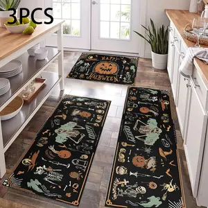 Creative Halloween Pumpkin Skull Print Rug Set, Kitchen Floor Decor, Perfect for Parties & Events, Home Living Room Bedroom Outdoor Garden Decoration