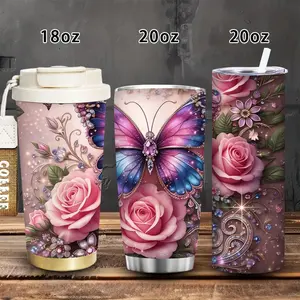 1pc 18oz/20oz Elegant Fantasy Butterfly and Roses Design Tumbler with Lid and Straw, Winter Insulated Travel Mug, Gift for Women Men, Ideal for Valentine’s Day, Easter, Birthday Gift, Iced/Hot Coffee Cup
