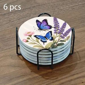 6-piece ceramic coaster set, featuring a design of fluttering blue butterflies and blooming purple lavender. Heat-resistant, non-slip coasters with holders; suitable for home and dining table decorations, and as beverage mats.
