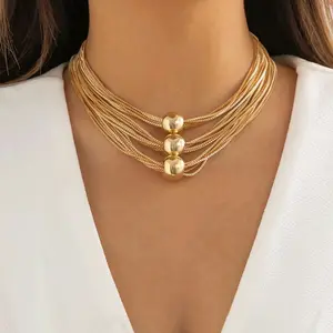 Multilayer Big Ball Choker Necklace with Metal Coating Fashion Statement Chain Jewelry for Women Gold-Tone Accessories