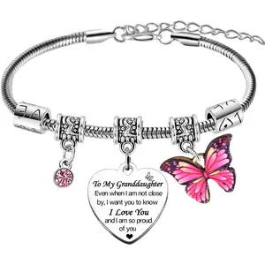 Granddaughter Charm Bracelet Gifts I Love Gifts for Granddaughter Christmas Birthday Gifts from Grandma Grandpa Proud Of You Gifts for Granddaughter Graduation Gifts Butterfly Bracelet Gifts Heart Rhinestones Bracelet Jewelery