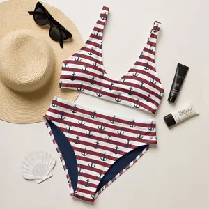 High Waisted Two-Piece Bikini Swimsuit, Nautical Anchor, Red White and Blue