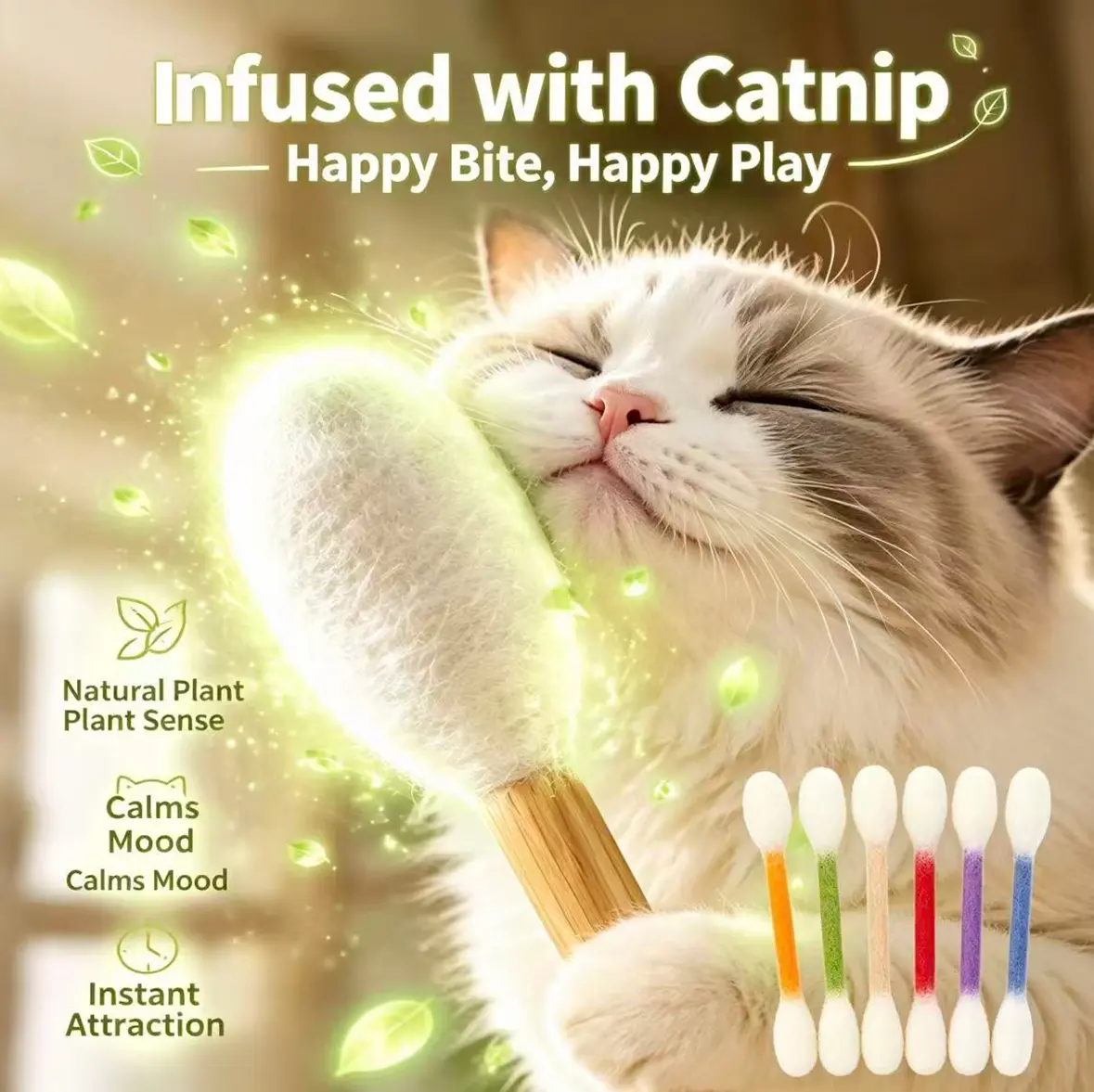 6Pcs Catnip Cat Toy Wool Felt Cotton Swab Stick, Interactive Kitten Teething Toy for Indoor Cats, Dental Care Chew Toy
