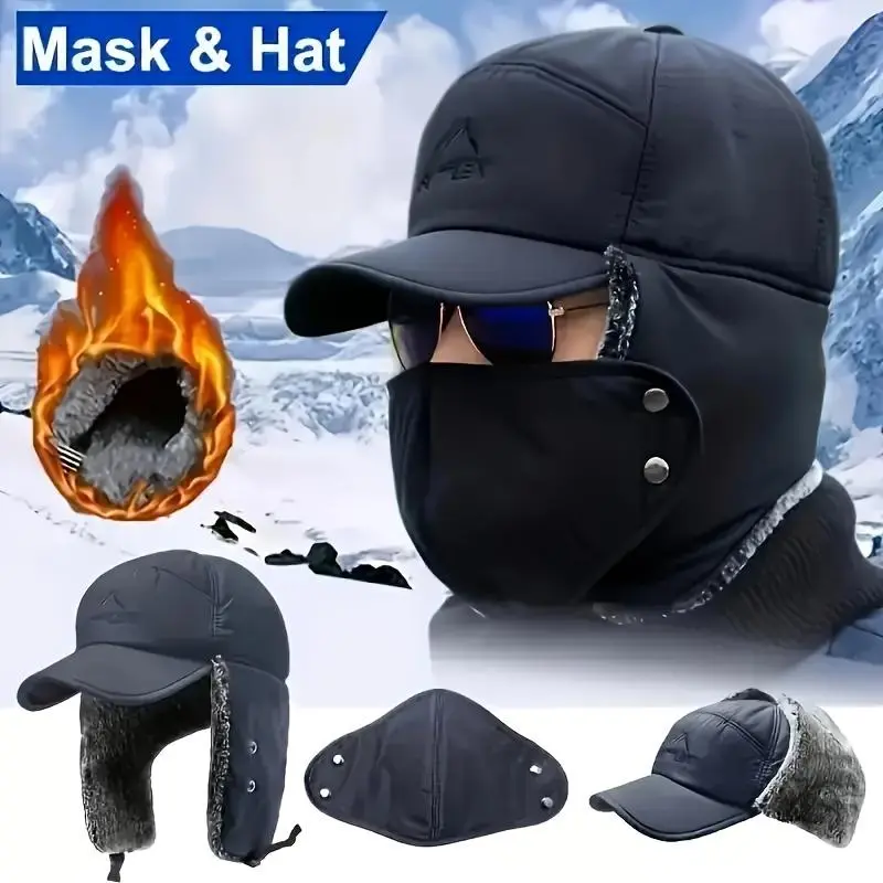 Thickened Fleece Lined Earmuff Hat with Detachable Mask - Windproof, Cold Resistant, Perfect for Camping, Hiking, Fishing, and Cycling Activities