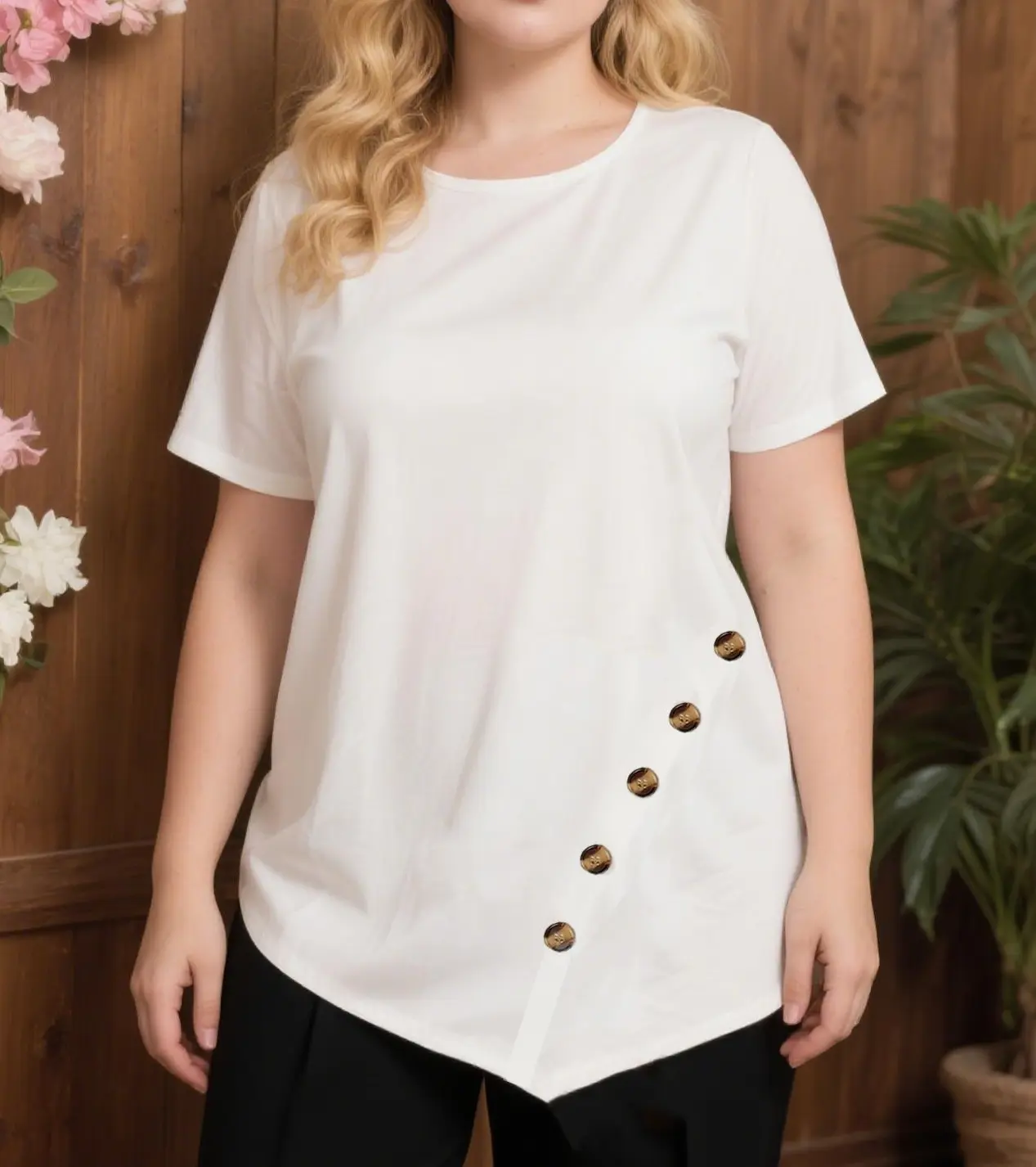Women's Plus-Size Stretch Polyester Twist Clothes - Sporty Chic Stretchy Slimming Casual Short-Sleeved Round Neck T-Shirt with Button Decoration, Asymmetrical Hem Summer Sports Top Fit Womenswear