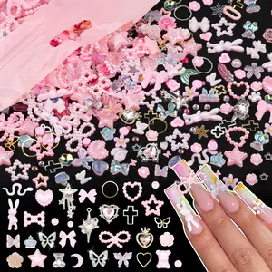 600Pcs Cute 3D Nail Charms and Gems, Pink Rabbit Bow Charms Alloy Butterfly Heart Star Nail Jewels with Nail Rhinestones, Mixed Gold Nail Studs Charms and Glitter Nail Sequins for Nail Design (Pink)