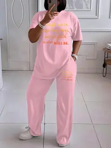 Women's Fashion Letter Print Short Sleeve Top & Wide Leg Pants Set with Pockets, Casual Fitted Two-Piece for All Seasons