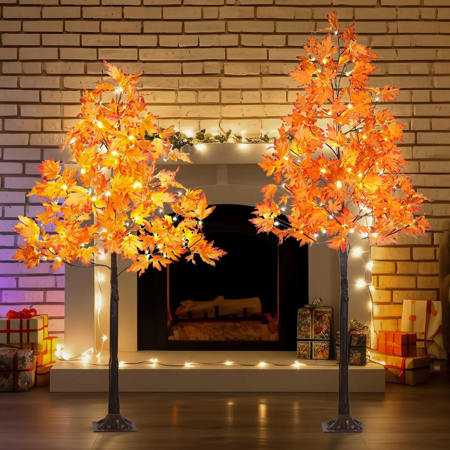 Set of 2 Artificial Fall Maple Trees with Lights, 5FT & 6FT, Water Proof Faux Autumn Trees for Indoor & Outdoor Thanksgiving Decorations - Ornaments Pack