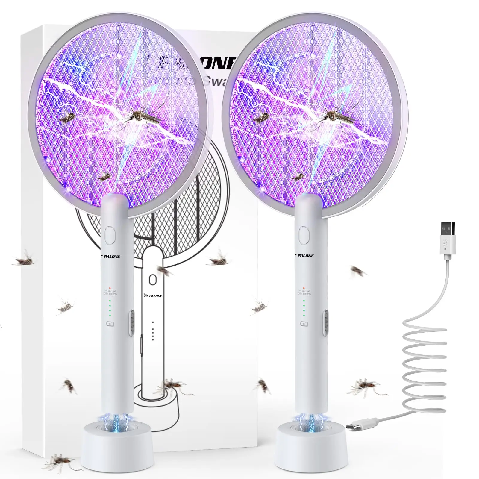 Electric Fly Swatter Rechargeable Mosquito Killer 2 in 1 Fly Swatter with 1200mAh Battery for Bedroom, Kitchen, Patio, Outdoor, Garden Wireless Portab