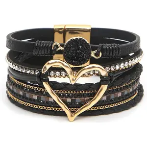 Leather Wrap Bracelet for Women, Boho Cuff Bracelet with Strong Clasp, Multi-Layer Crystal Leather Bracelet for Valentine's Day