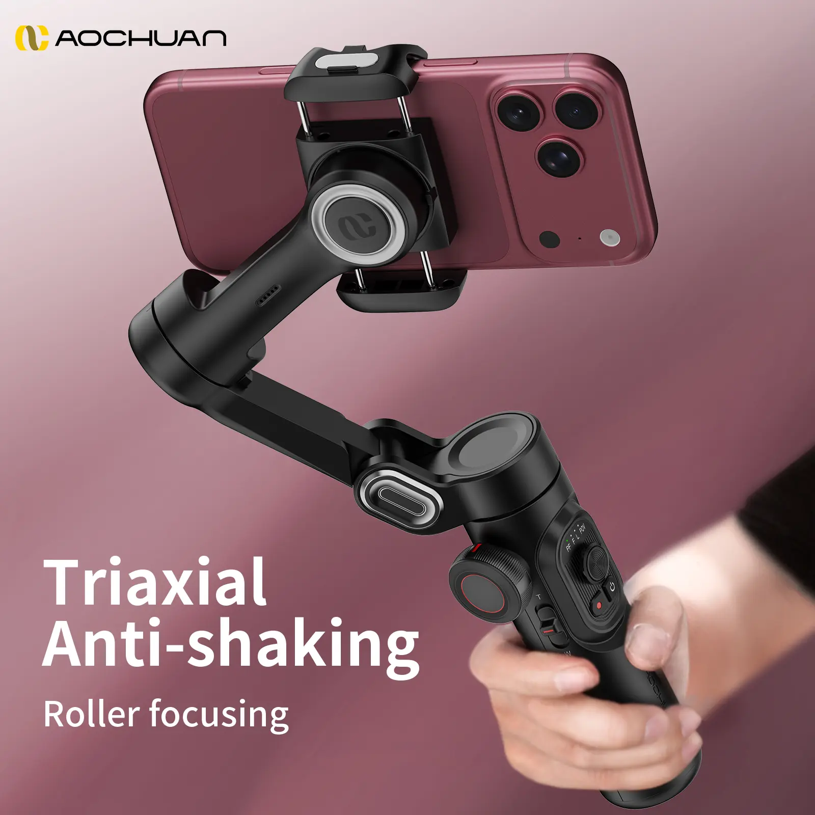 AOCHUAN 3-Axis Handheld Magnetic Wheel Cellphone Camera Stabilizer with Tripod Stand (1 Count) - 3-Axis Anti-Shake, Bluetooth, Smartphone Compatible, Auto Face Tracking, 360° Rotation, Selfie Stick, Charging Vlogging Equipment