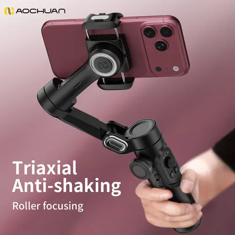 AOCHUAN 3-Axis Handheld Magnetic Wheel Cellphone Camera Stabilizer with Tripod Stand (1 Count) - 3-Axis Anti-Shake, Bluetooth, Smartphone Compatible, Auto Face Tracking, 360° Rotation, Selfie Stick, Charging Vlogging Equipment