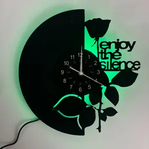 Rose Vinyl Wall Clock, Floral Pattern LED Night Light, Vintage Decorative Silent Clock, Suitable for Music Room, Bedroom, Living Room