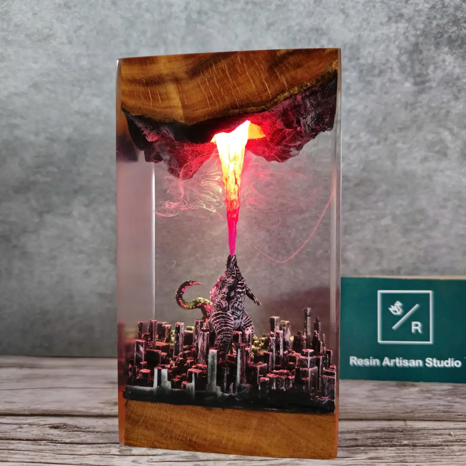 King of Monsters God.zilla Resin Diorama, Atomic Breath Kaiju Figurine, City Siege Ornament, Handcrafted Wood Desk Decor, Unique Gift for Him Art