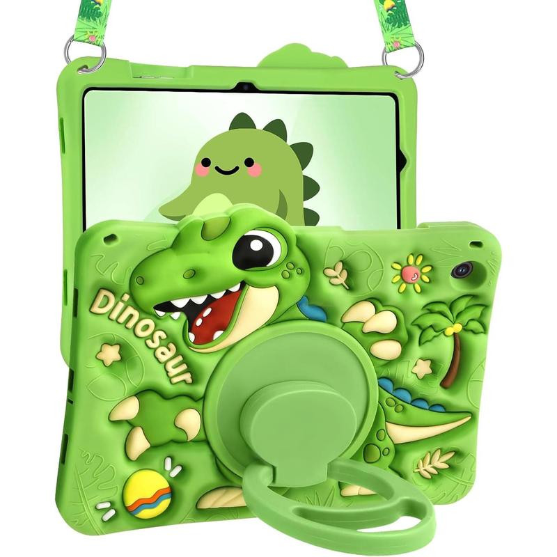 3C9-PHP016  for iPad A16 Case/10th Generation Case - Green Dinosaur Cool for Boys Girls Teens Soft Silicone Cute with Shoulder Strap & Rotating Stand Case for iPad A16 11th Generation 11 Inch 2025