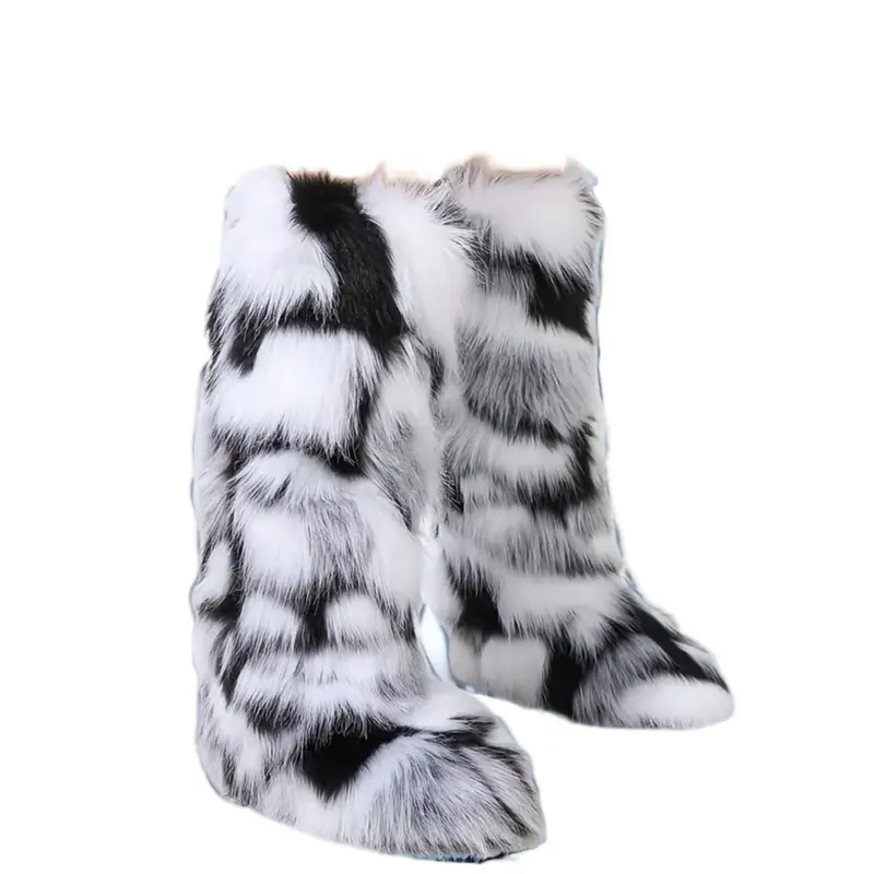 [Stylish Winter Boots] Stylish Women's Plus Size Long Faux Fur Knee-High Boots | Sexy Winter Snow Boots with Thick Sole, Round Toe & Pull-On Closure - Black & White Faux Fur Design for Outdoor Casual Wear, Cold Weather Footwear, Durable TPR Sole, Red Snow