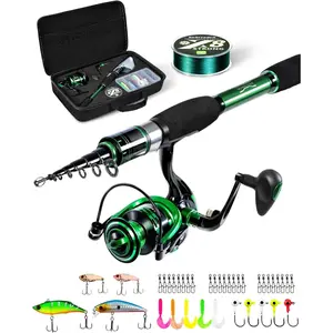 Fishing Rod and Reel Combo Graphite Telescoping Fishing Pole Portable Travel Kit with Carrier Bag for Freshwater Saltwater