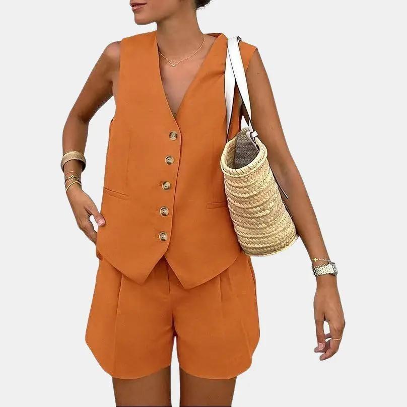 PrettyGarden Women's Summerwear Sleeveless V Neck Button Down 2-Piece Outfit with Functional Pockets, Shorts Set - Minimalist, Womenswear Fitted Suit#SwimWeek#Summervibes#DealsForYouDays