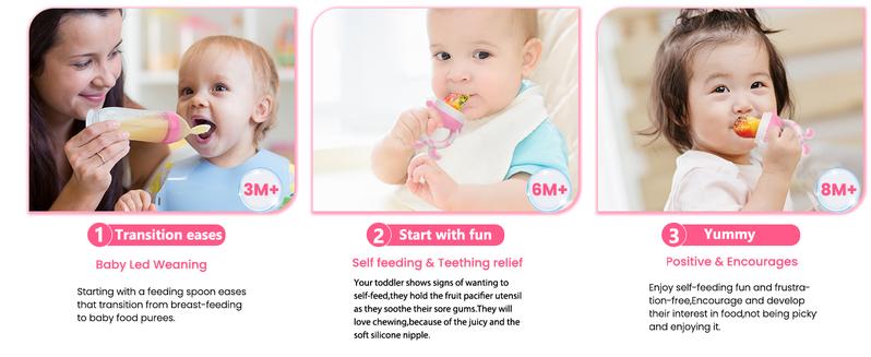 WAJIAYON Baby Fruit Feeder Pacifier - 6 Pack | 2 Infant Food Feeder Pacifier & 2 Baby Food Dispensing Spoon | Fresh Fruit Teethers for Babies | Silicone Feeder Babies,Infant Teething Feeders -Pink