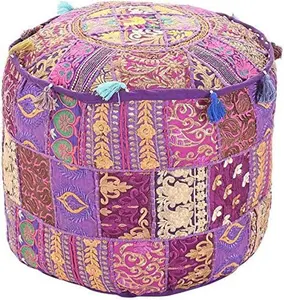 Aakriti Gallery Indian Pouf Footstool Ethnic Embroidered Pouf Cover, Indian Cotton Round Pouffe Ottoman Pouf Cover Pillow Ethnic Decor Art - Cover Only (Purple, 18x13)
