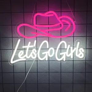 Let's Go Girls Neon Sign, Pink Cowgirl Hat Led Light Up Sign  USB Powered Country Retro Western Art Wall Letter Sign for Cowboy Bar Bedroom Man Cave Wedding Christmas Birthday Party Decor