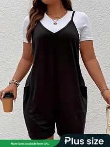 【plus Size】 Solid Pocket Adjustable Strap Cami Overalls, Stretchy Overalls, Minimalist Casual Sleeveless Overalls for Summer, Women's Plus Clothing for Daily Wear, Spaghetti Straps Overalls, Lady, Casual Jumpsuits