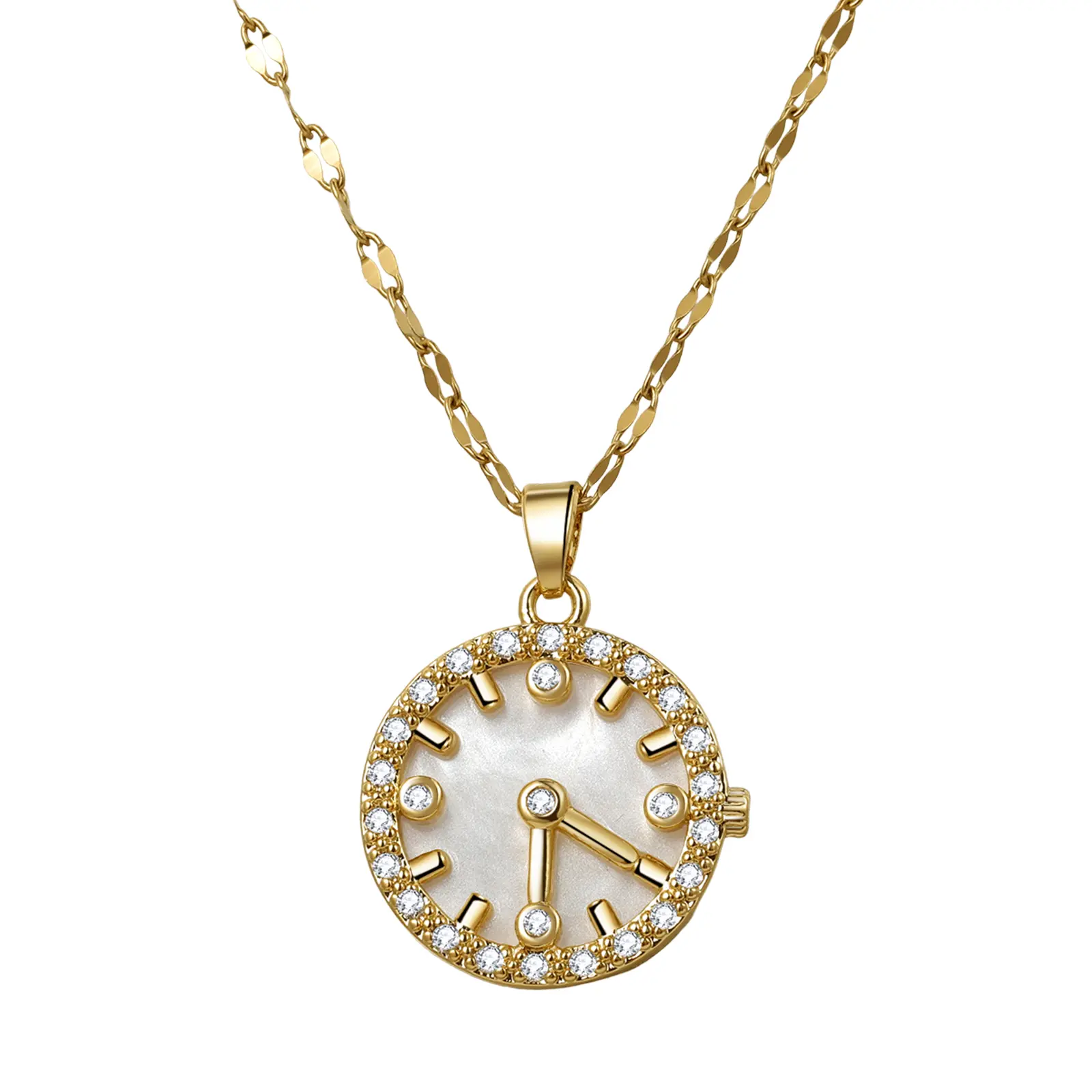 OIDEA Women's Vintage Adjustable Length Chain Round Pendant Necklace - Copper Base, 0.73" Diameter Shell Inlay Clock Face Dial, Zircon-Inlaid, 15.7" Chain, Creative Fashion Costume Jewelry for Anniversary, Birthday, Casual, Christmas, Daily, Durable, Eleg
