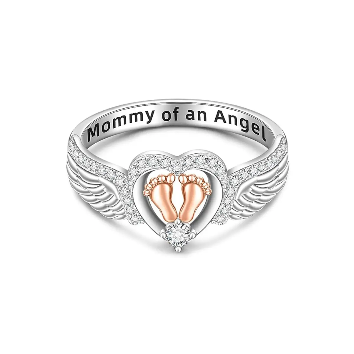 Angel Baby Memorial Ring for Mom, Sterling Silver Angel Wing Heart Footprint Design Ring, Pregnancy Loss Remembrance Jewelry, Meaningful Sympathy Gift for Women, Memory Keepsake Gift for Mother's Day, Birthday, Christmas and Holidays