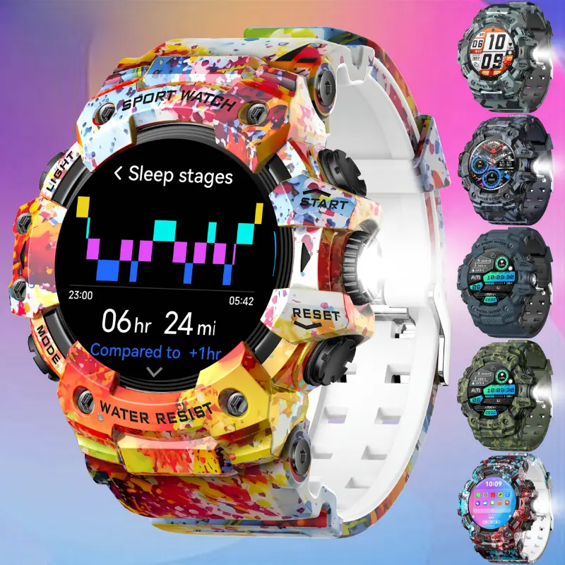 Colorful Smart Watch for Men and Women, Camouflage Watch Hiking Watch Compass Watch with Flashlight, Fitness Watch and Activity Tracker with Pedometer, Calories, Distance, Monitor, Multi-Sport Mode, SOS, Weather, Smartwatch - Gifts for Men