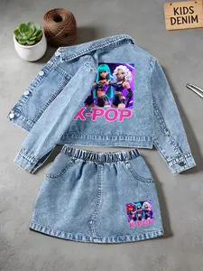 Girls' Spring & Fall Denim Set, K-Pop Cartoon Print Jacket + Jean Short Skirt, Casual Fitted Two-Piece for Parties, Birthdays, Travel