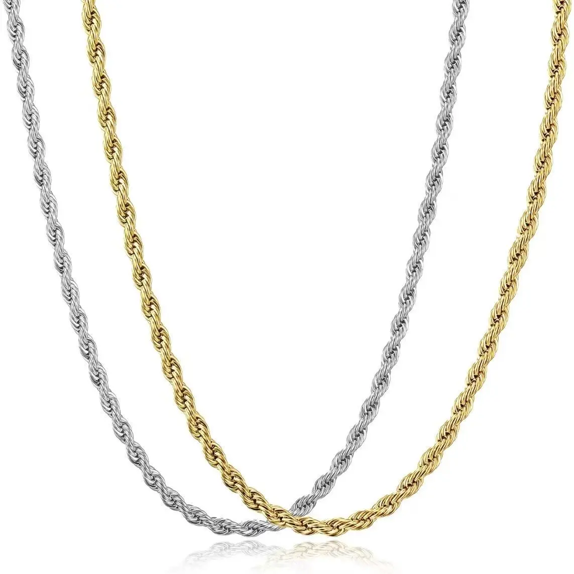 2 Pack Stainless Steel Rope Chain Necklace for Couples Unisex Gold Silver Necklace for Layering Daily Wear Simple Durable Twist Chain Jewelry for Street Fashion Gift