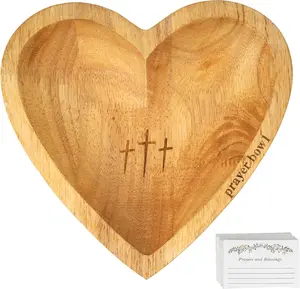 Heart Prayer Bowl, Bowls Wooden Prayer Bowl, 1 Count Vintage Heart Shaped Prayer Bowl with Cross & Letter Pattern with 24 Prayer Cards, Mother's Day Gifts, Religious Decoration for Home Living Room Bedroom Heart Shaped Wooden Bowl, Ornaments Log