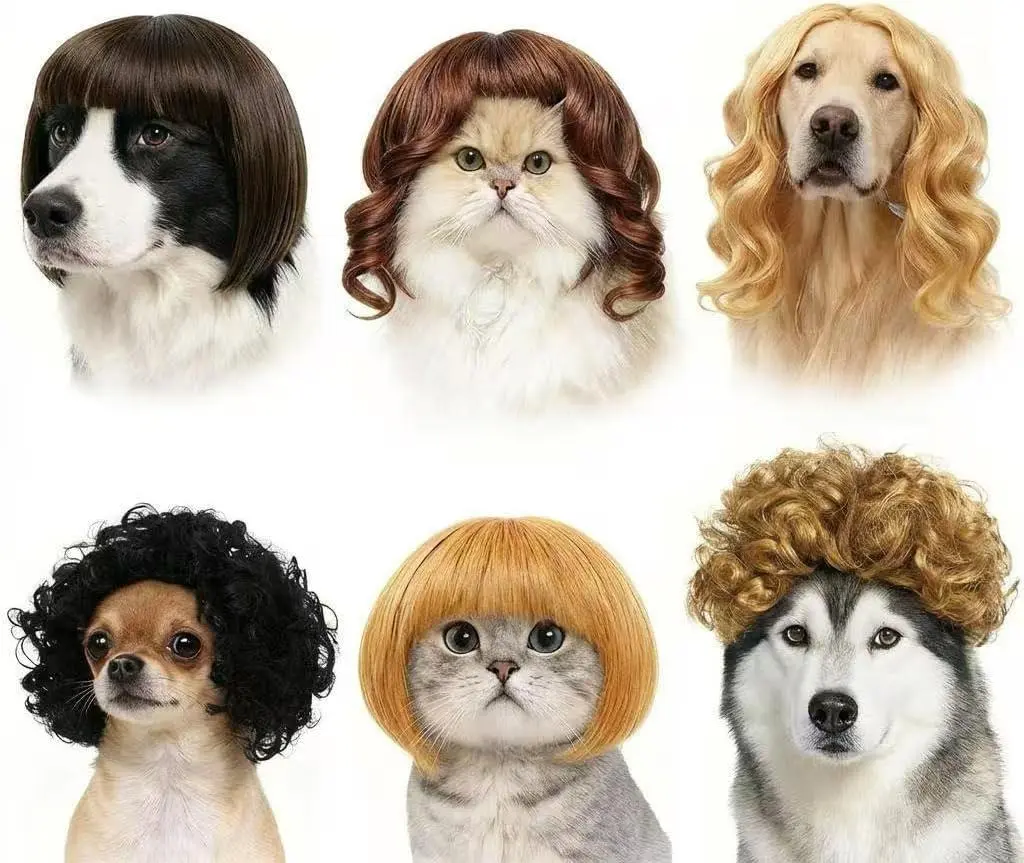 6-Pack Funny Cat & Dog Wigs with Adjustable Straps – Soft Pet Cosplay Costumes for Halloween, Christmas, Parties & Photo Shoots