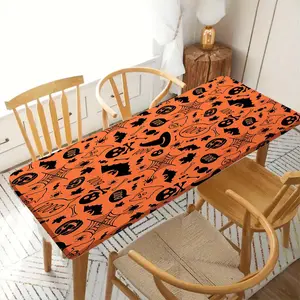 Halloween Pumpkin Witch Hat Pattern Polyester Windproof Elastic Tablecloth, High Quality, Ideal for Camping Picnics Garden Parties Gifts