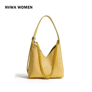 The V-Cut Hobo Bag - Chic Mustard Yellow Shoulder Purse Crinkled Leather with Chunky Chain for Spring Summer