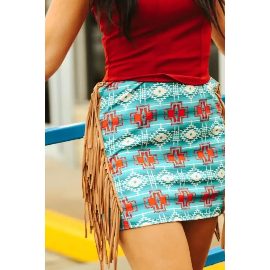 Women's Pull-On Skirt in a Fitted Boho Style, Multicolor Aztec Print Bottom with Double Fringe and Spandex Blend, Elastic, Piece, Statement, One Piece