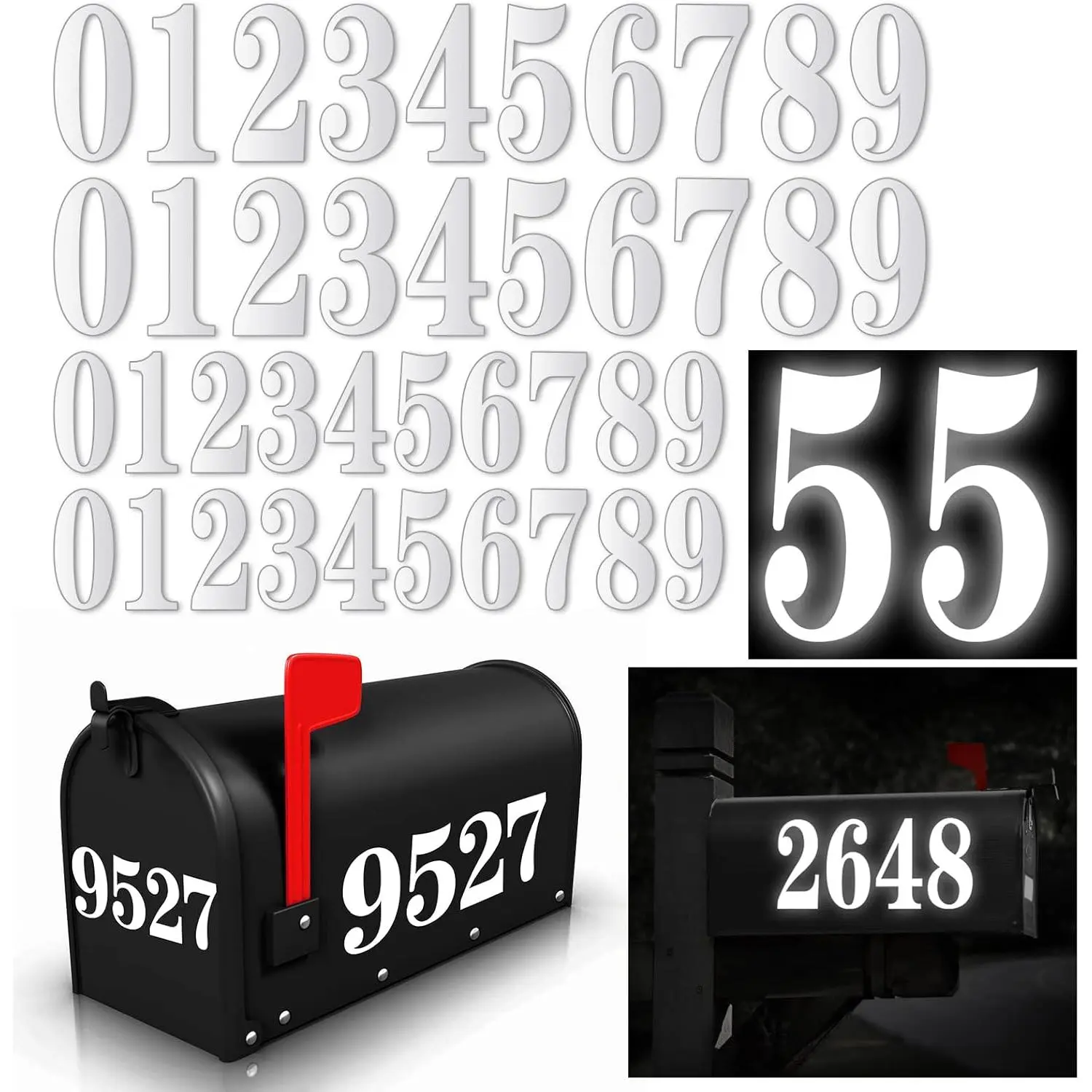 60 count White Mailbox Numbers, Vinyl  Stickers for Outside, Address  House, Big Mail BOX Number, 6 (3" x 4 sets, 4" x 2 set,0-9)