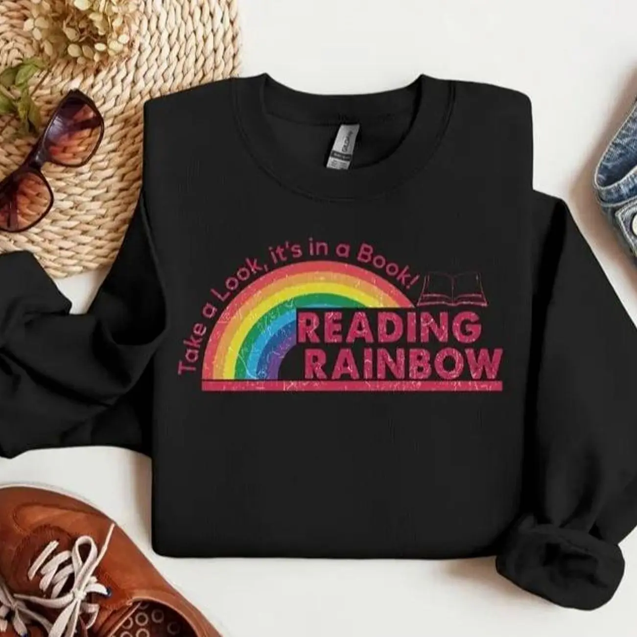 Reading Rainbow Sweatshirt, Reading Rainbow Sweatshirt, Teacher Appreciation Gift, Retro Book Lover Graphic Tee, Elementary School Teacher Apparel, Cute Classroom Educator Shirt, Literacy Librarian Gift, Cute Bookish Outfit Gift for Women & Men