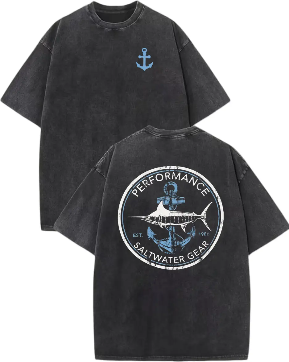Men's Graphic T-Shirt with Retro 1986 Marlin Anchor Print - Casual Oversized Fit, Distressed Cotton Shortsleeve Streetwear, Menswear, Vintage T-Shirts, Nautical