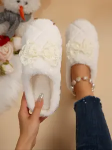 Women's Bow Slip-On Home Slippers, Comfortable Soft Warm Indoor Shoes Footwear, Perfect for Living Room, Dormitory, Autumn Winter Valentine Gift