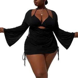 Plus Size 4 Piece Swimwear, Halter Bikini with Skirt, Bottom & Kimono Cover Up, High Elastic Bathing Suit