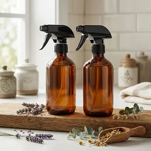 2 Pack Empty Amber Plastic Spray Bottles  Each Large 16oz Refillable Bottle is Great for Essential Oils, Plants, Cleaning Solutions, Hair Mister  Durable Nozzle w/ Fine Mist and Stream Setting
