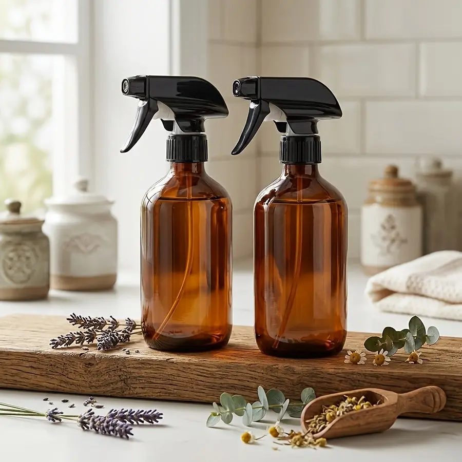 2 Pack Empty Amber Plastic Spray Bottles Refillable Spray Containers Each Large 16oz Refillable Design Bottle is Great for Essential Oils, Plants, Cleaning Solutions, Hair Mister  Durable Nozzle w/ Fine Mist and Stream Setting Pack of Two