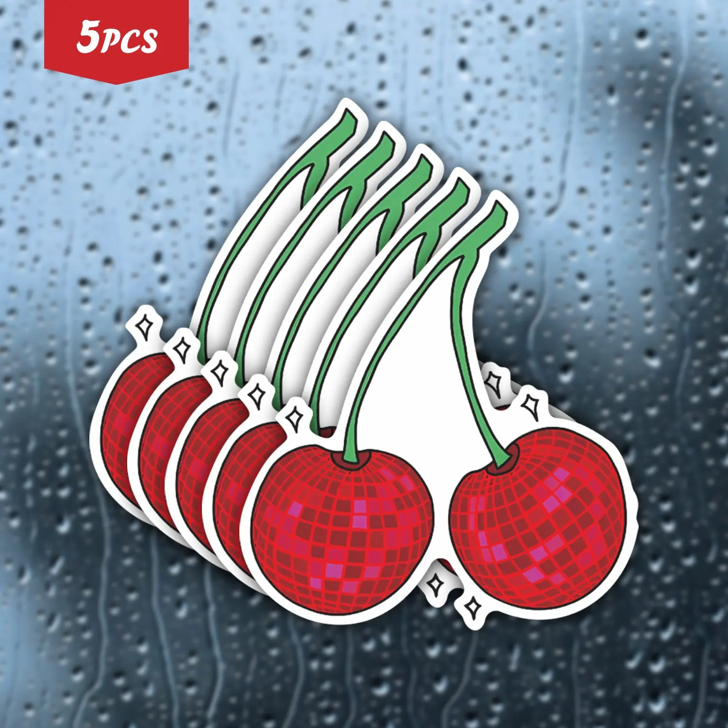 5Pcs Disco Ball Cherries Waterproof Vinyl Sticker, Self-Adhesive Decal, Car Decals, Automobile Decals, Stickers for Cars, Suitable For Water Bottles, Laptops, Cars, Tablets, Ideal For Retro Lover s, Fruit Aesthetic Fans And Playful Personality Seekers